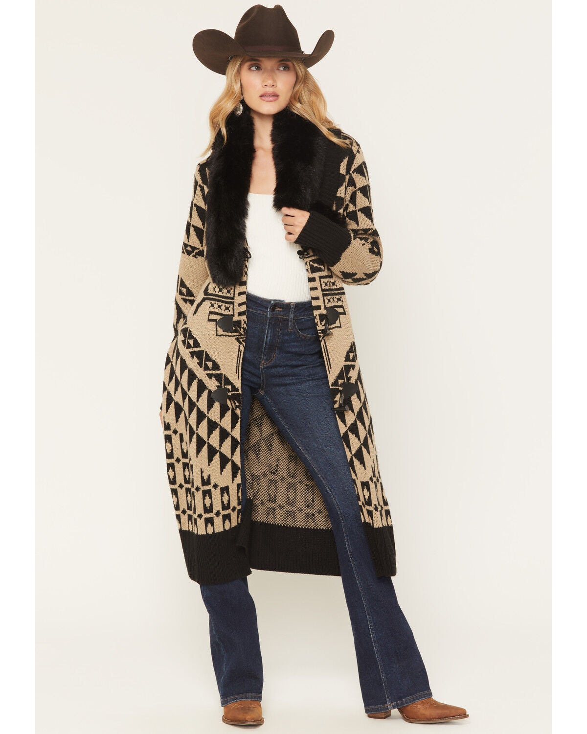 Powder River Outfitters Women's Southwestern Print Long Cardigan, Tan, hi-res