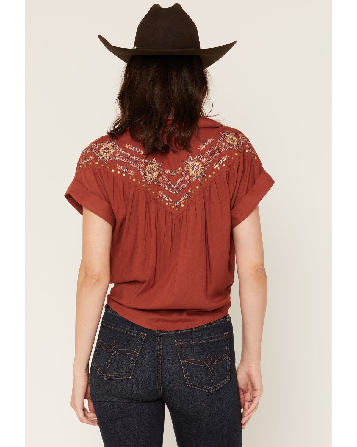 Image #4 - Shyanne Women's Embroidered Short Sleeve Snap Tie-Front Shirt, Chilli, hi-res