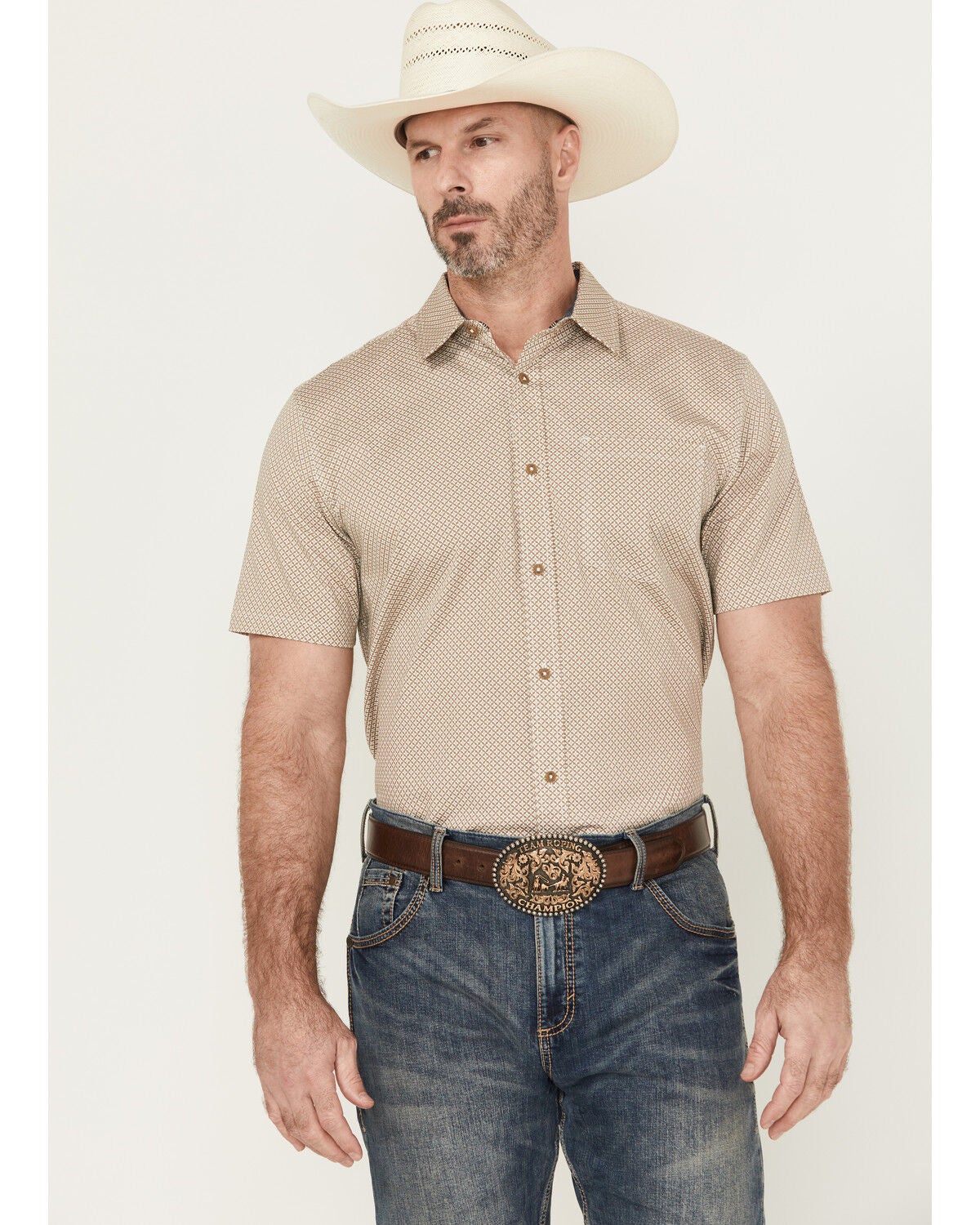 Cody James Men's Grill And Greet Geo Print Short Sleeve Button-Down Stretch Western Shirt, Tan, hi-res