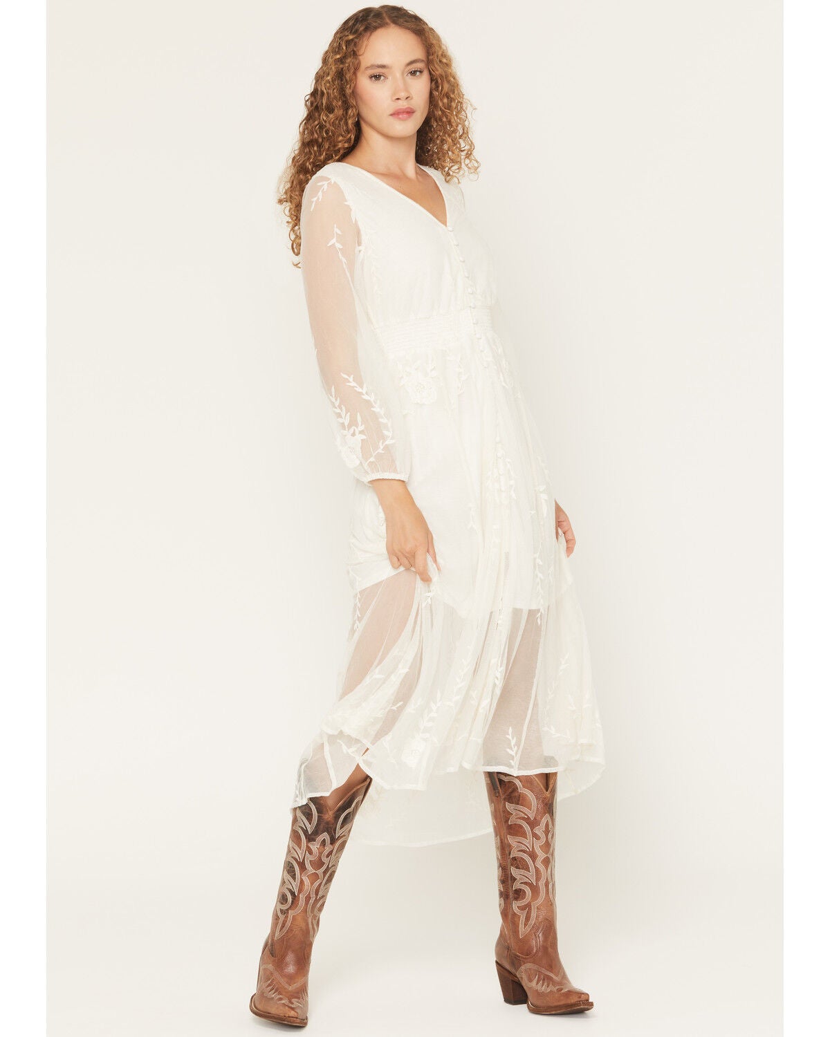 Shyanne Women's Hillside Button Front Embroidered Mesh Midi Dress, Ivory, hi-res