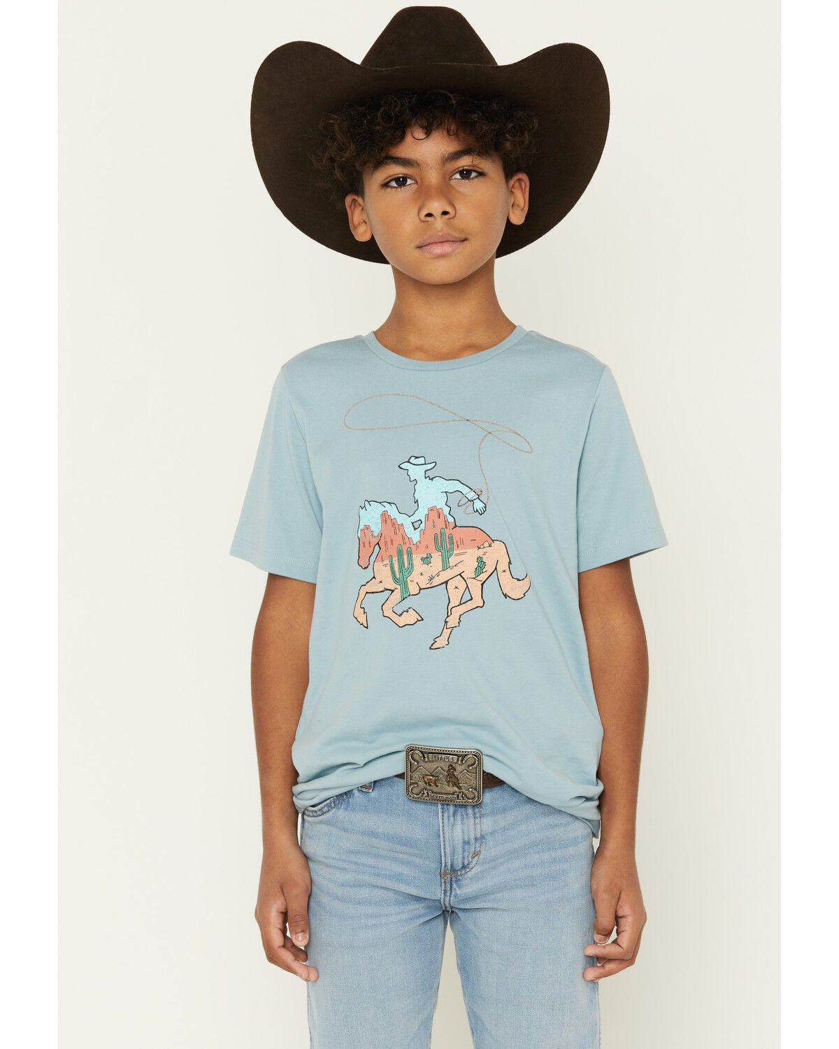 Image #1 - Sable Sky Boys' Scenic Cowboy Short Sleeve Graphic T-Shirt, Blue, hi-res