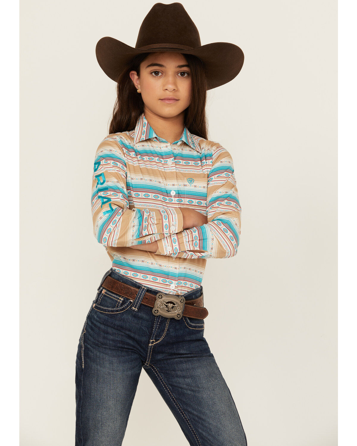 Image #1 - Ariat Girls' Striped Southwestern Print Long Sleeve Button-Down Western Shirt, Beige, hi-res