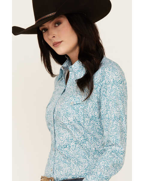 Image #2 - Roper Women's Paisley Print Long Sleeve Pearl Snap Western Shirt , Blue, hi-res
