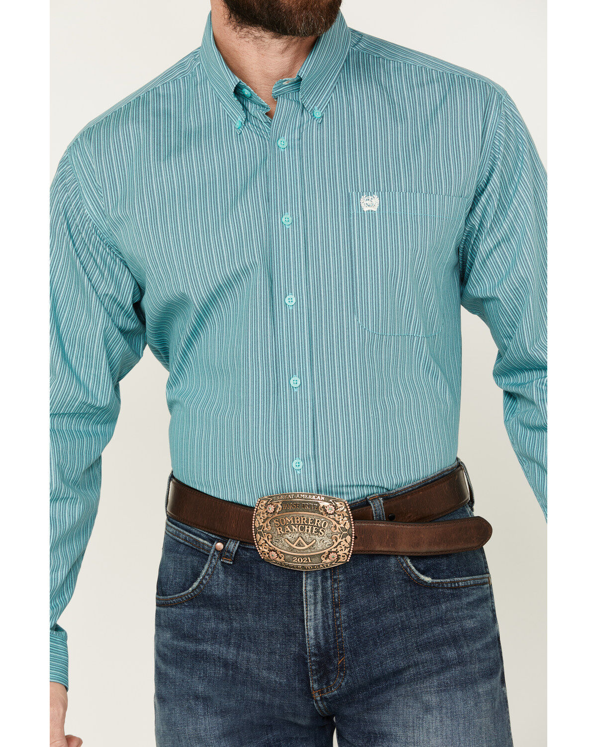 Image #3 - Cinch Men's Striped Long Sleeve Button-Down Western Shirt, Turquoise, hi-res