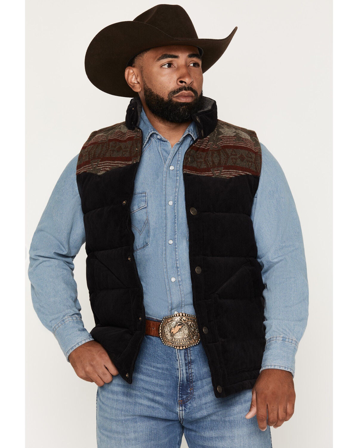 Cody James Men's Anza Southwestern Flannel Corduroy Snap Vest, Black, hi-res
