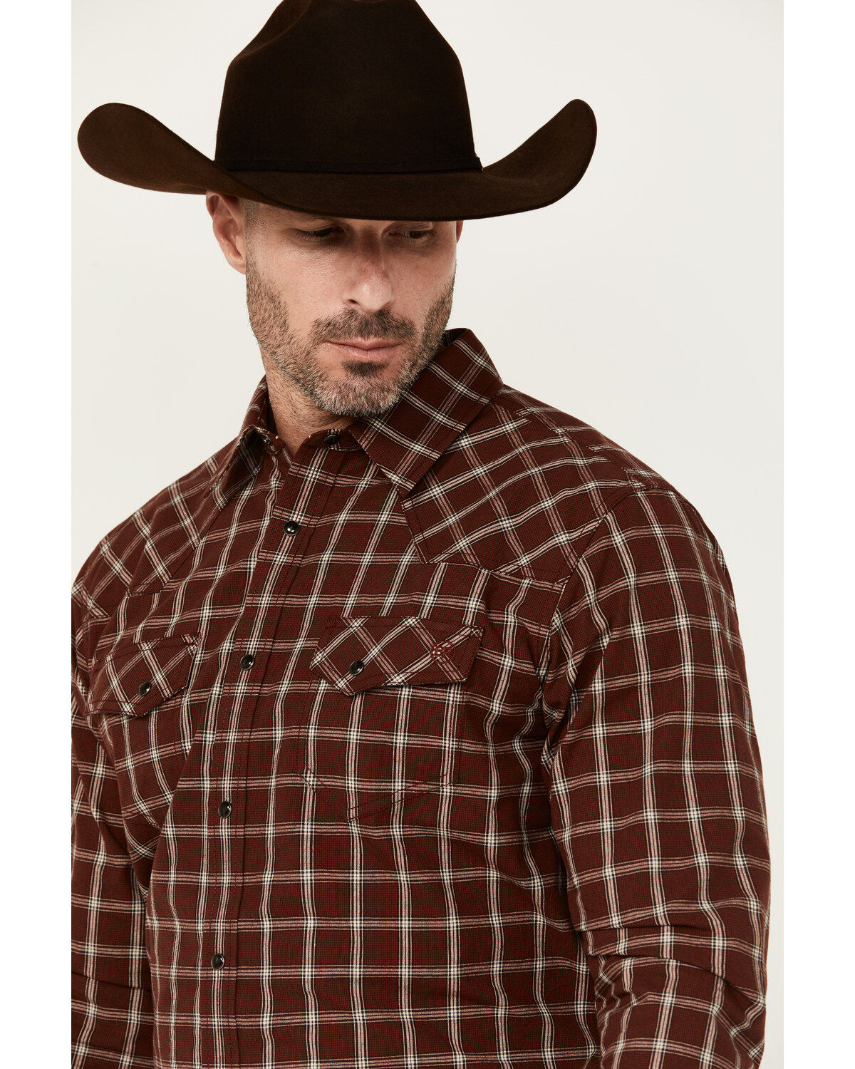 Image #2 - Blue Ranchwear Men's Elk Plaid Print Long Sleeve Snap Western Shirt, Dark Brown, hi-res