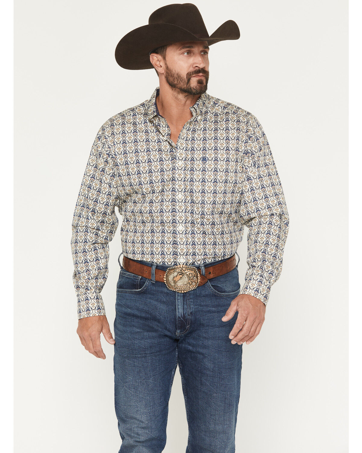 Image #1 - Ariat Men's Damon Medallion Print Long Sleeve Button-Down Western Shirt, Cream, hi-res