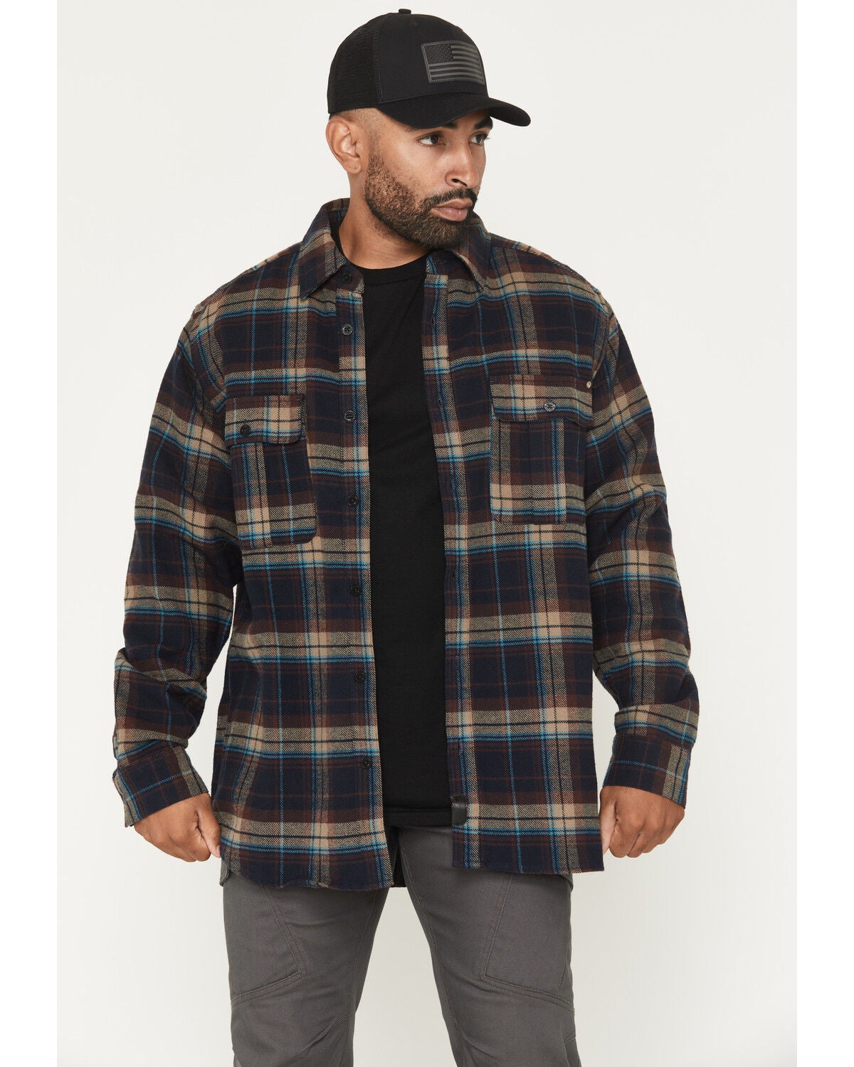 Thorogood Men's Plaid Print Heavyweight Long Sleeve Button-Down Flannel Shirt, Navy, hi-res