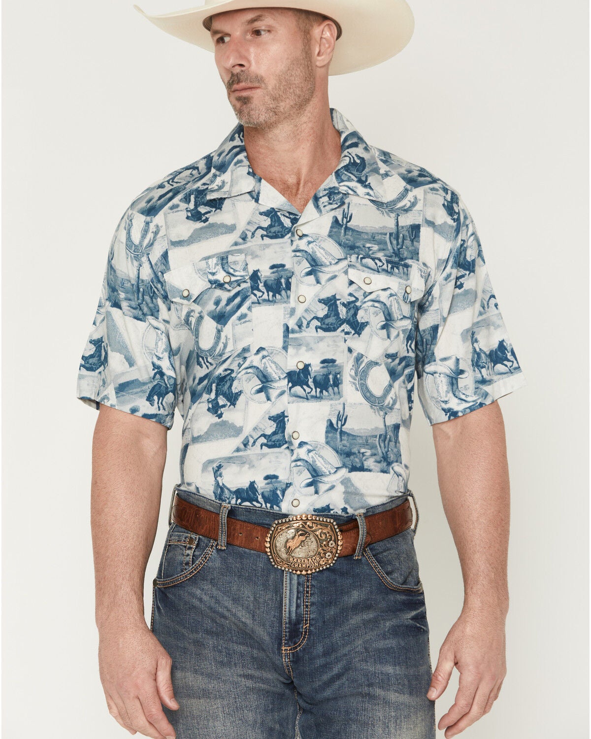 Wrangler Men's Coconut Cowboy Printed Short Sleeve Snap Western Shirt, Blue, hi-res