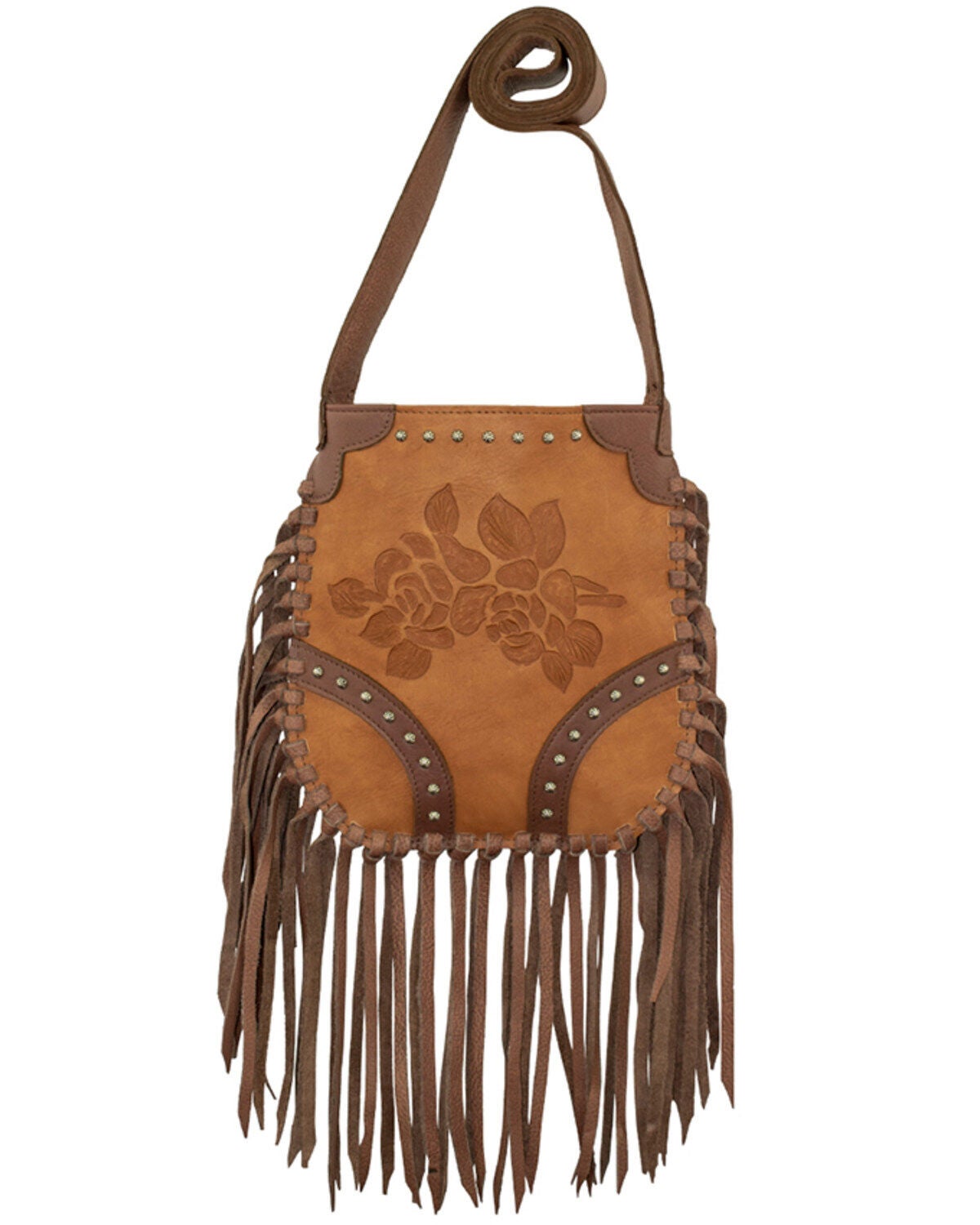 American West Women's Floral Tooled Fringe Crossbody Bag, Tan, hi-res