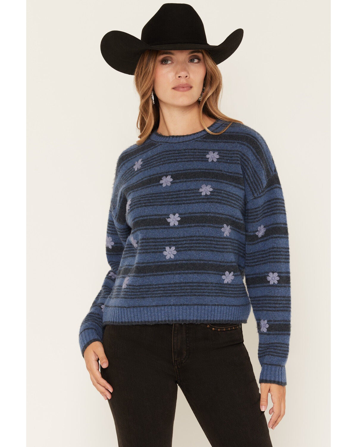 Saltwater Luxe Women's Floral Embroidered Striped Print Sweater, Blue, hi-res