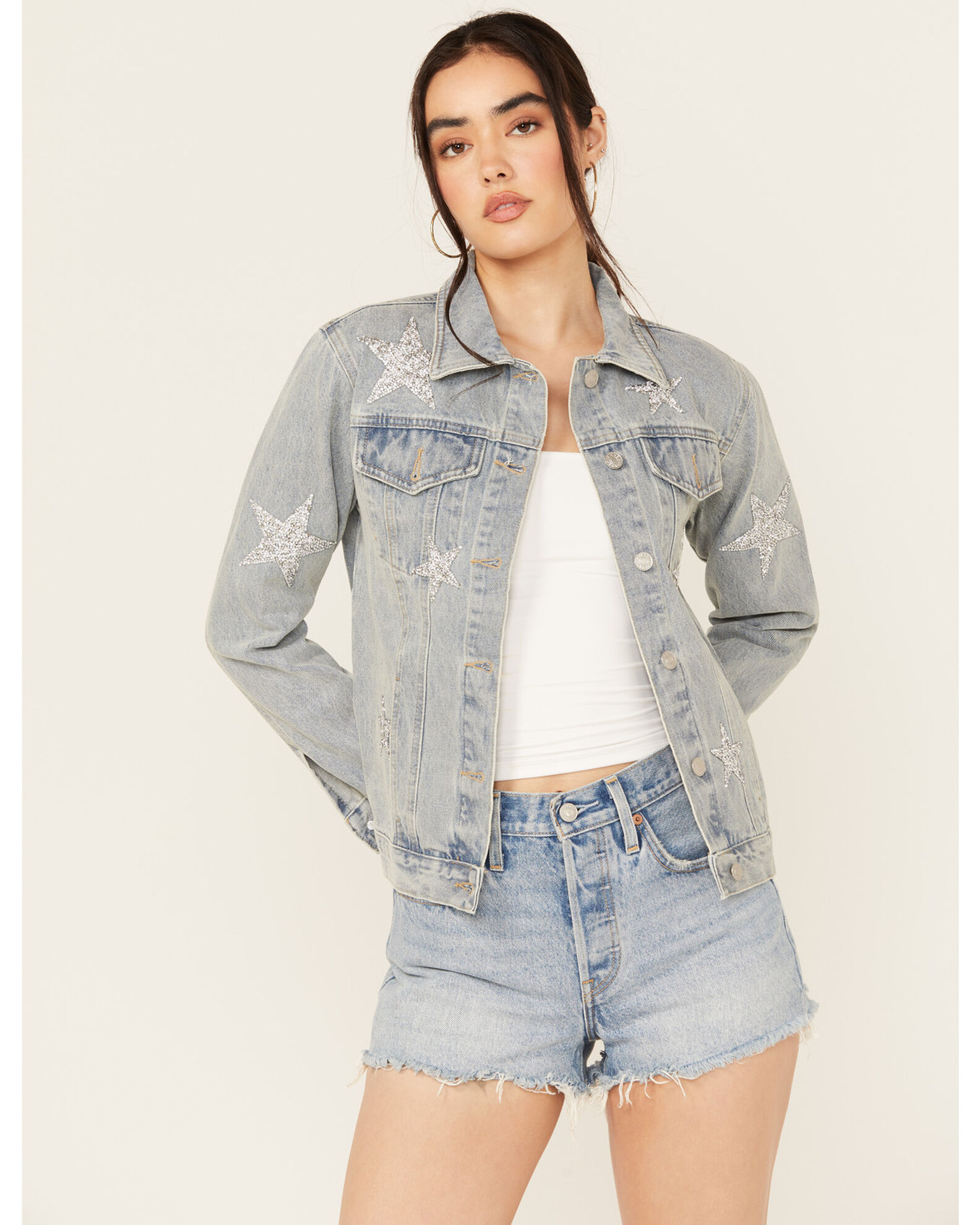 Product Name: Blue B Women's Light Wash Embellished Star Button-Down Denim  Jacket