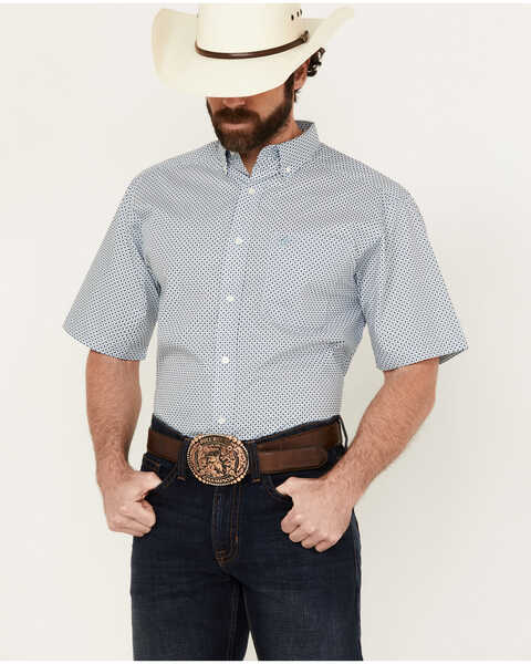Ariat Men's Edgar Geo Print Short Sleeve Button-Down Western Shirt - Tall , Blue, hi-res