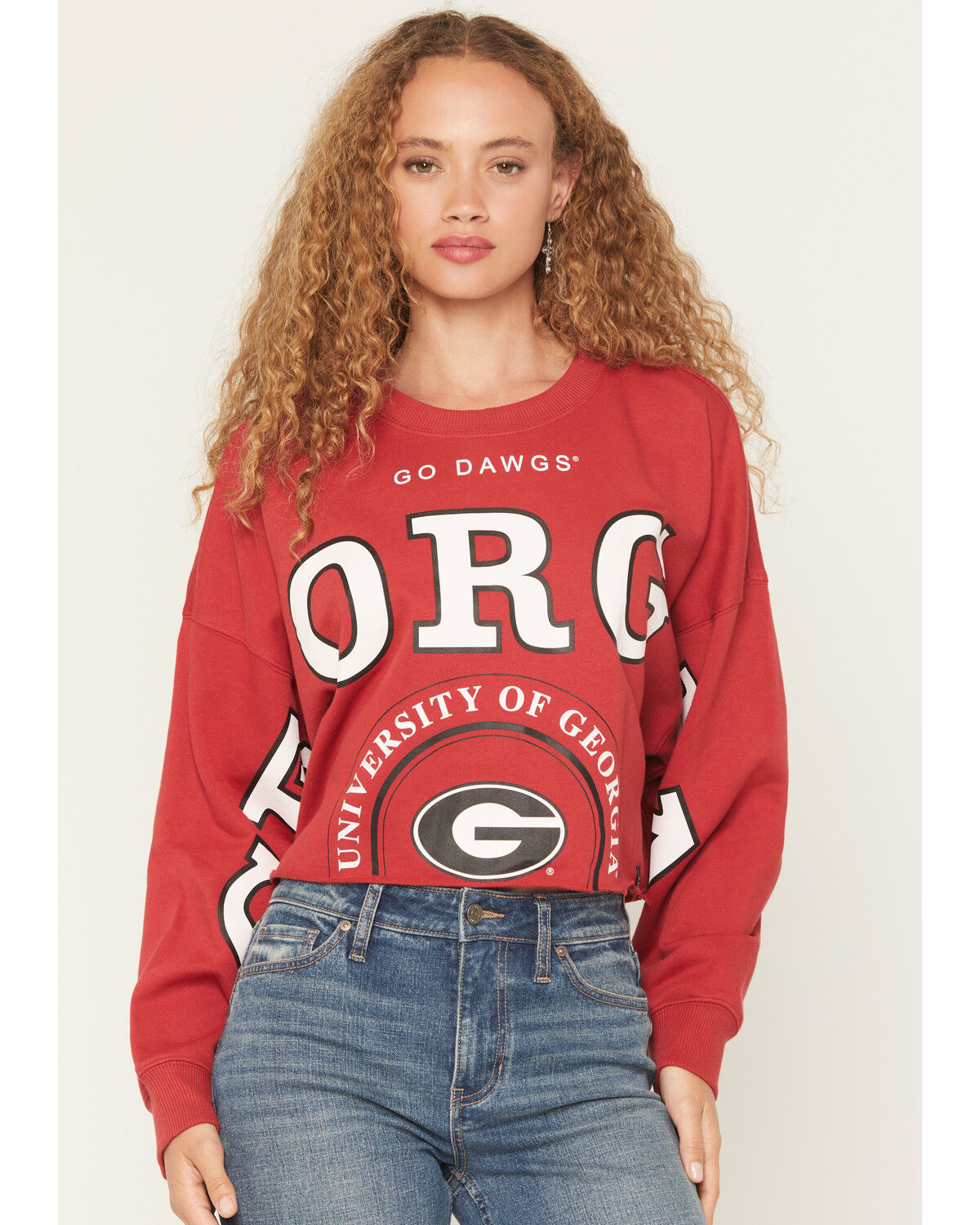 Image #1 - Gameday Women's UGA Split Long Sleeve Cropped Graphic Tee, Red, hi-res