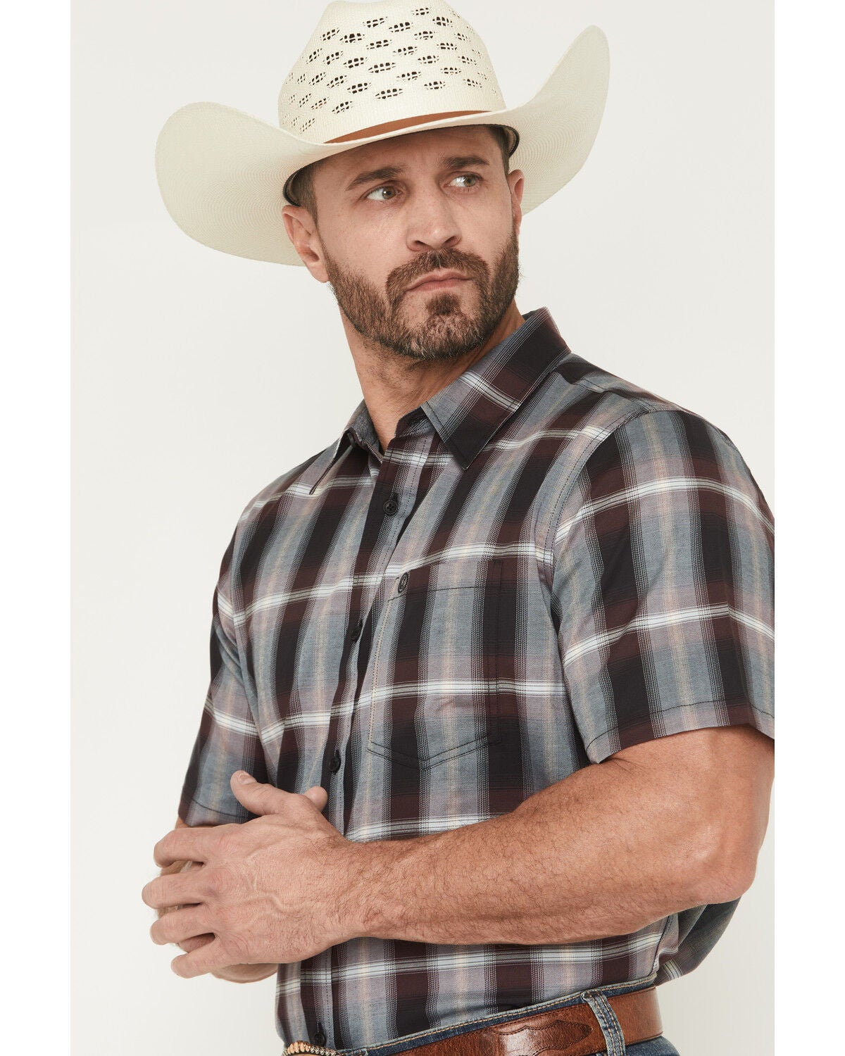 Image #2 - Cody James Men's Bowen Plaid Print Short Sleeve Button-Down Stretch Western Shirt, Purple, hi-res