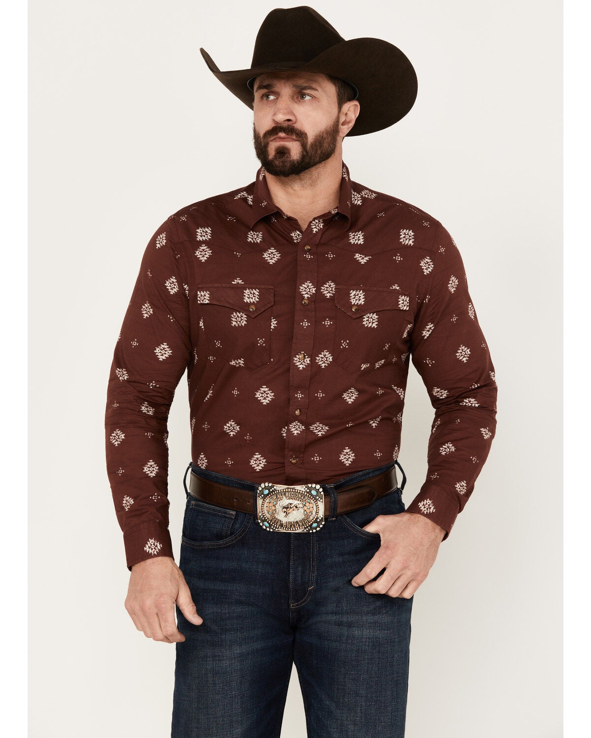 Pendleton Men's Laramie Diamond Print Long Sleeve Western Snap Shirt, Burgundy, hi-res