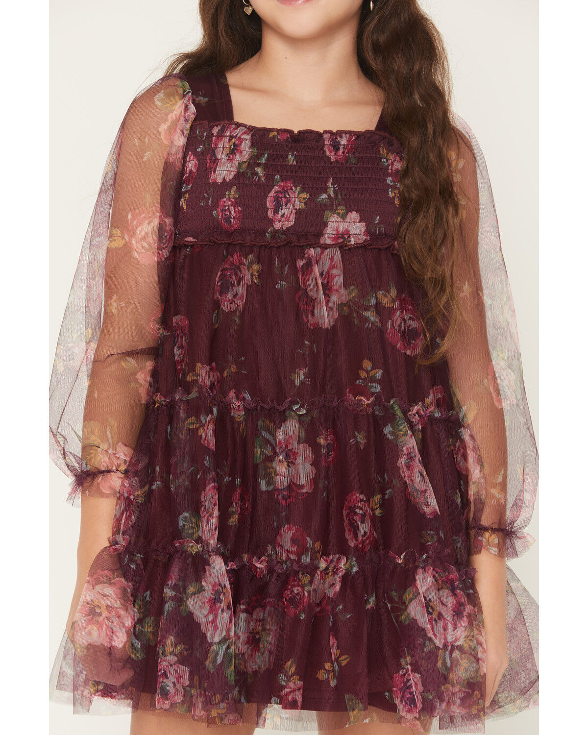 Product Name:  Sugar California Girls' Floral Print Long Sleeve Mesh Dress