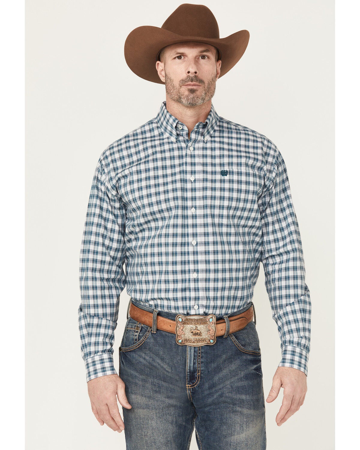 Cinch Men's Plaid Print Long Sleeve Button-Down Western Shirt, Cream, hi-res