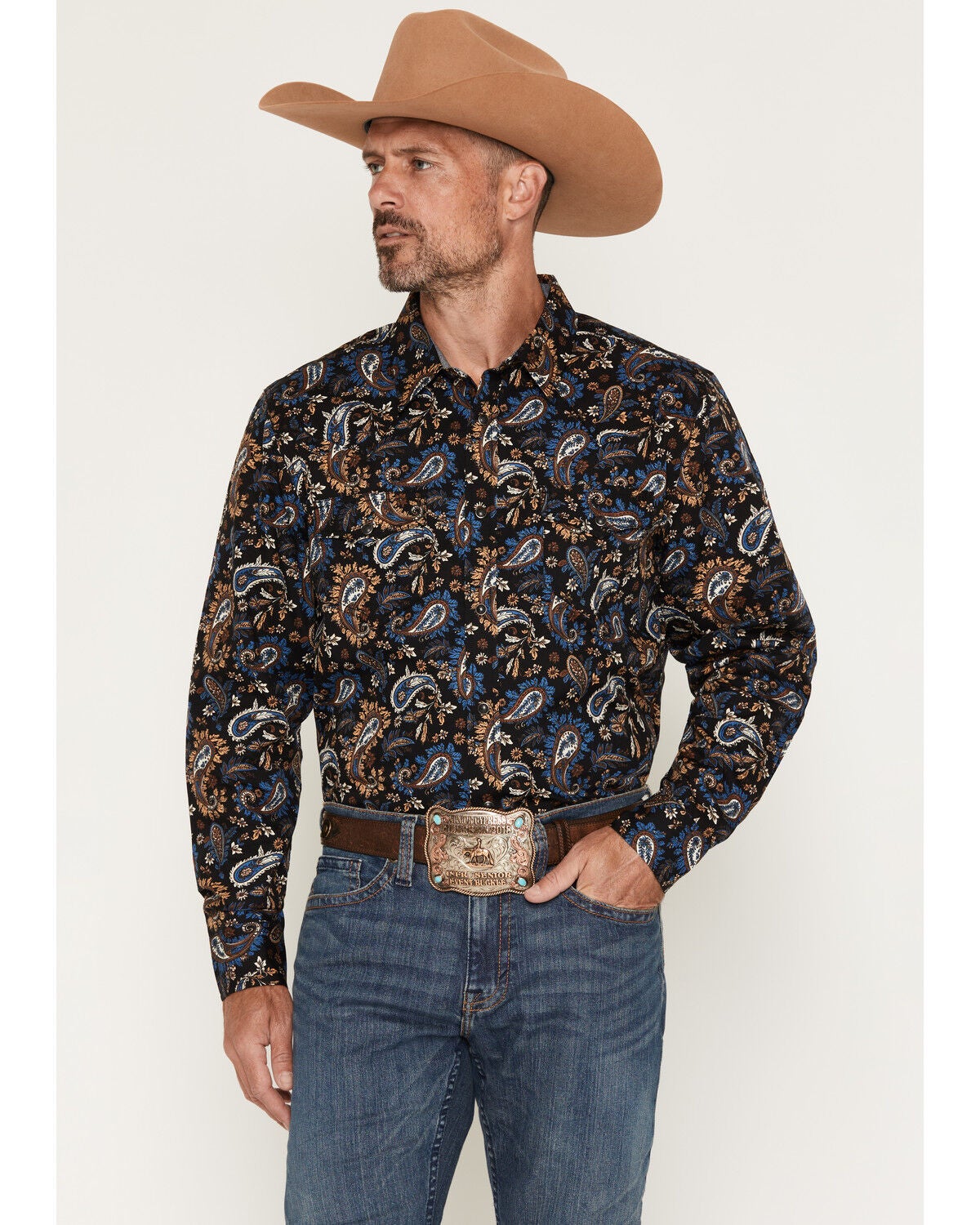 Image #1 - Cody James Men's Thornbush Paisley Print Long Sleeve Snap Western Shirt, Black, hi-res