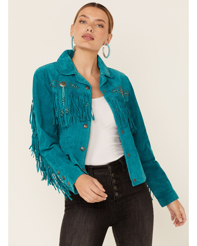 Scully Fringe & Beaded Boar Suede Leather Jacket, Turquoise, hi-res