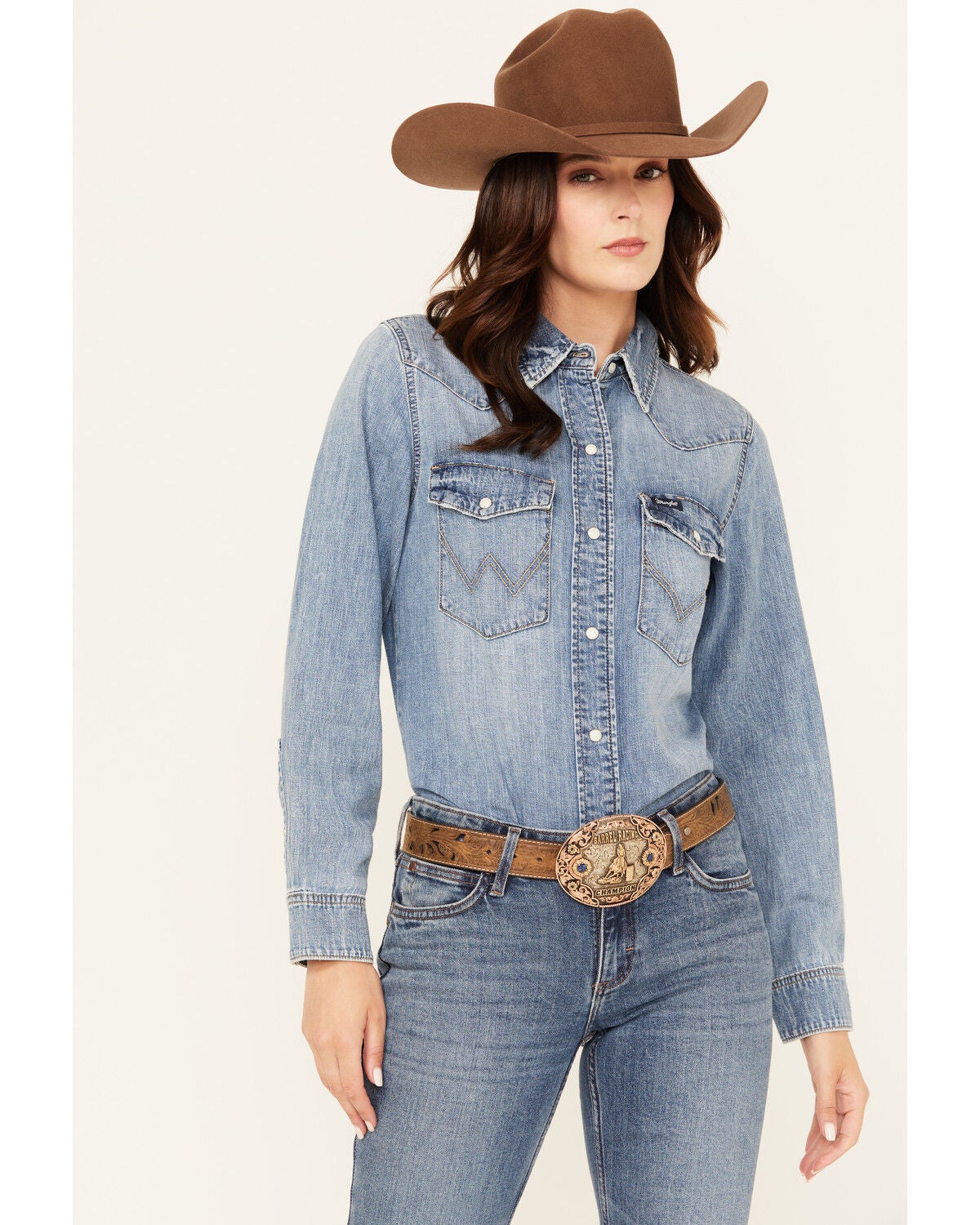 Wrangler Retro Women's Light Wash Denim Long Sleeve Snap Western Shirt, Light Wash, hi-res
