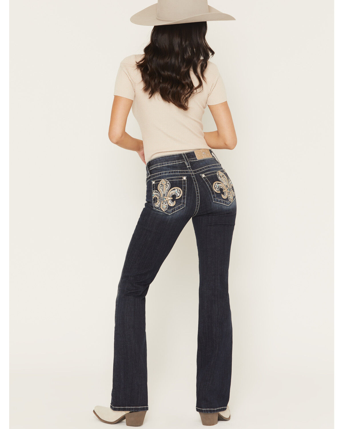 Image #1 - Miss Me Women's Medium Wash Mid Rise Fleur De Lis 32" Bootcut Stretch Denim Jeans, Medium Wash, hi-res