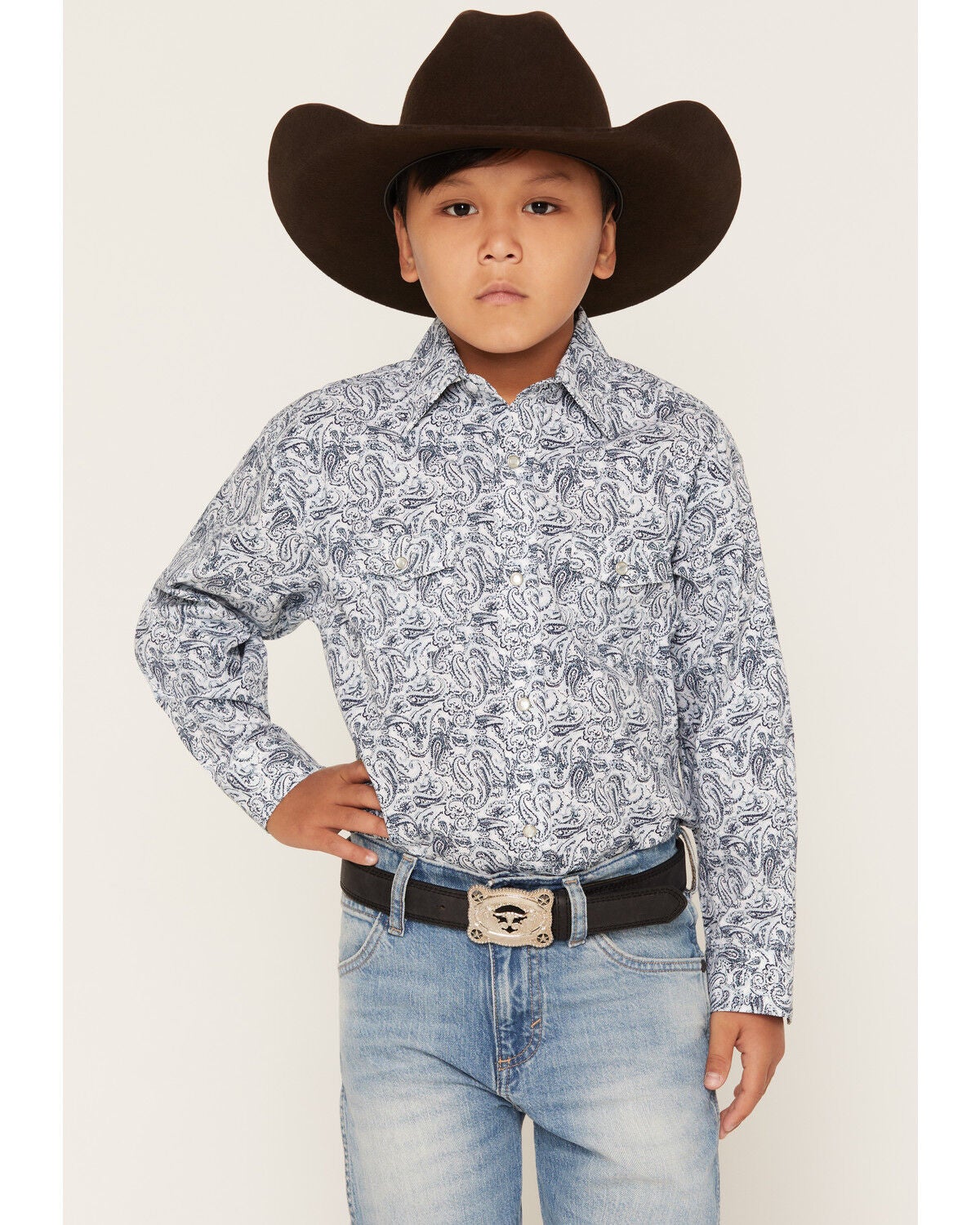 Image #1 - Panhandle Slim Boys' Paisley Print Long Sleeve Pearl Snap Stretch Western Shirt, Blue, hi-res
