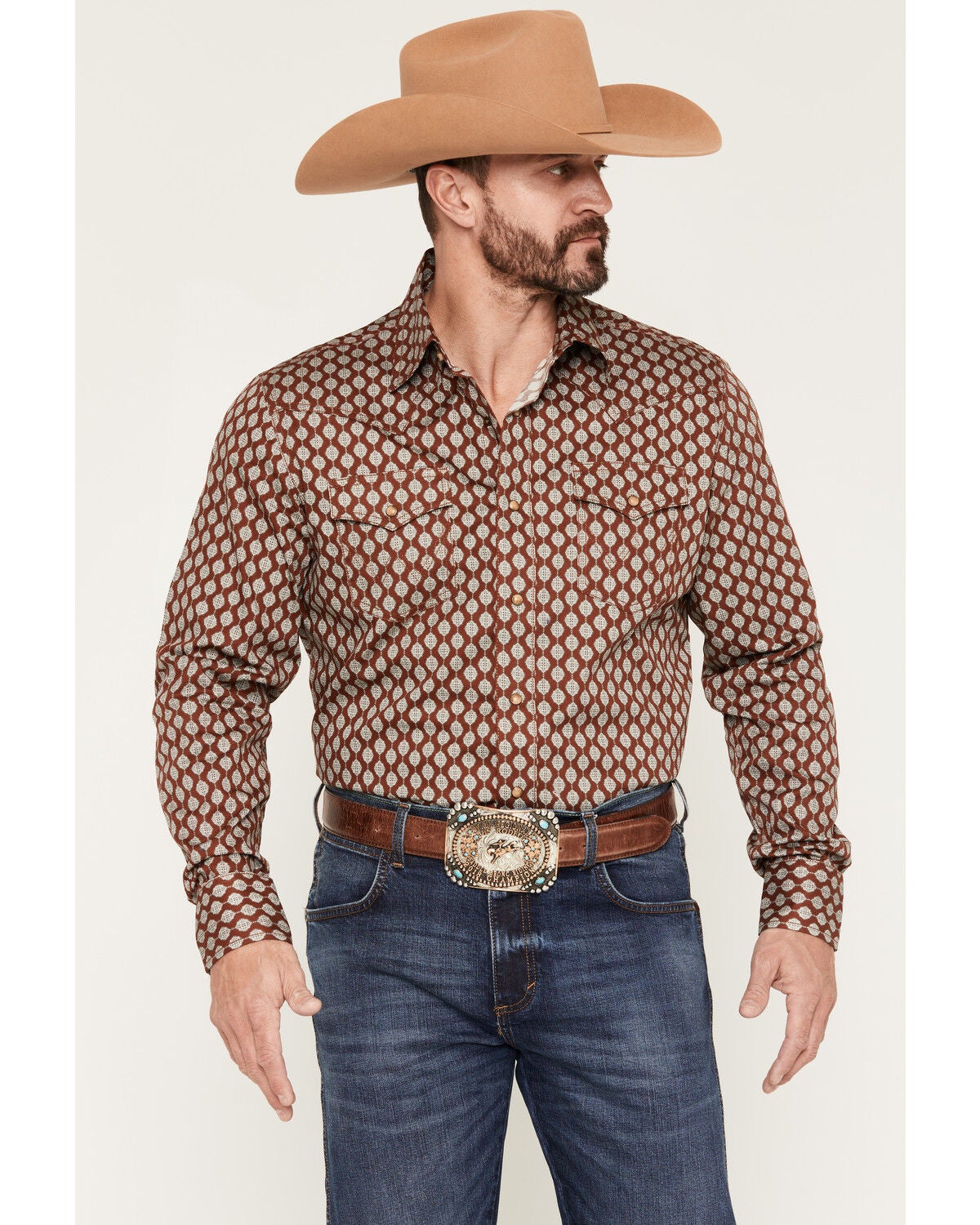 Wrangler Retro Men's Geo Print Long Sleeve Snap Western Shirt, Rust Copper, hi-res