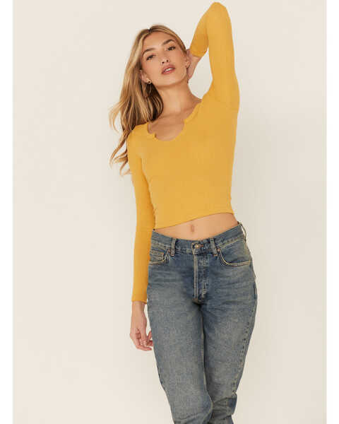 Wild Moss Women's Solid Long Sleeve Raw Edge Ribbed Knit Top, Mustard, hi-res