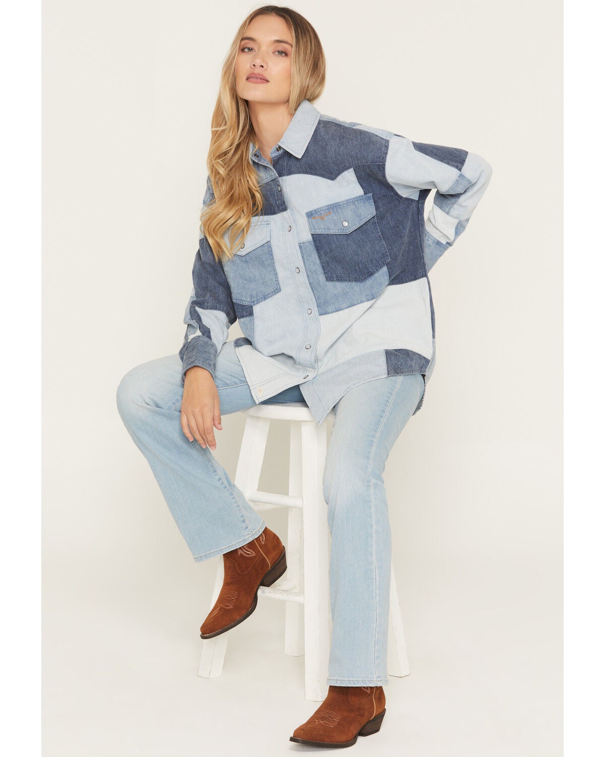 Image #1 - Kimes Ranch Women's Olly Patchwork Long Sleeve Snap Denim Shirt, Blue, hi-res