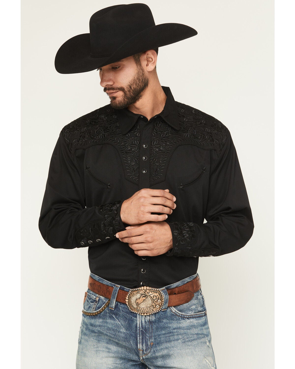 Scully Men's Floral Embroidered Retro Long Sleeve Snap Western Shirt, Jet Black, hi-res