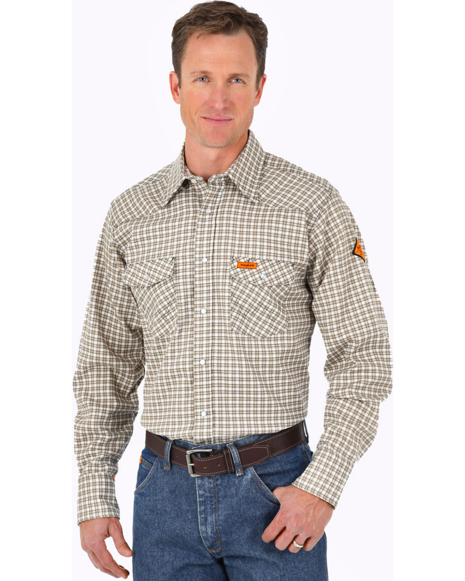 Image #1 - Wrangler Men's FR Lightweight Long Sleeve Plaid Print Snap Work Shirt - Tall, Beige/khaki, hi-res