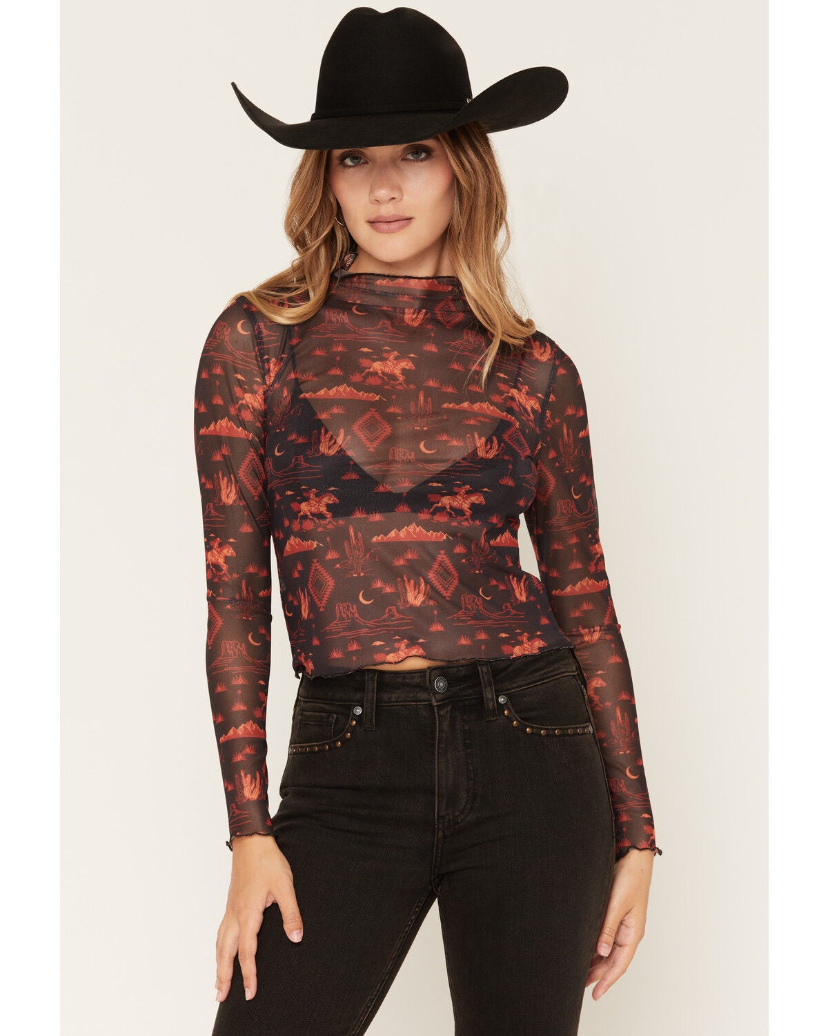 Rock & Roll Denim Women's Icon Long Sleeve Mesh Top, Black, hi-res