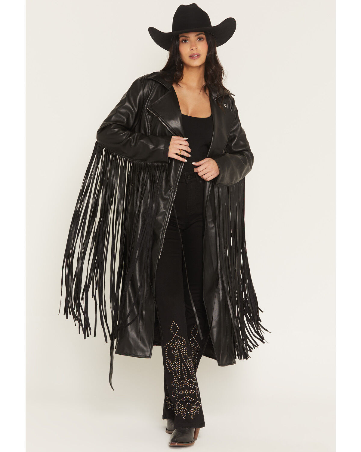 Image #1 - Azalea Wang Women's Fringe Faux Leather Coat, Black, hi-res
