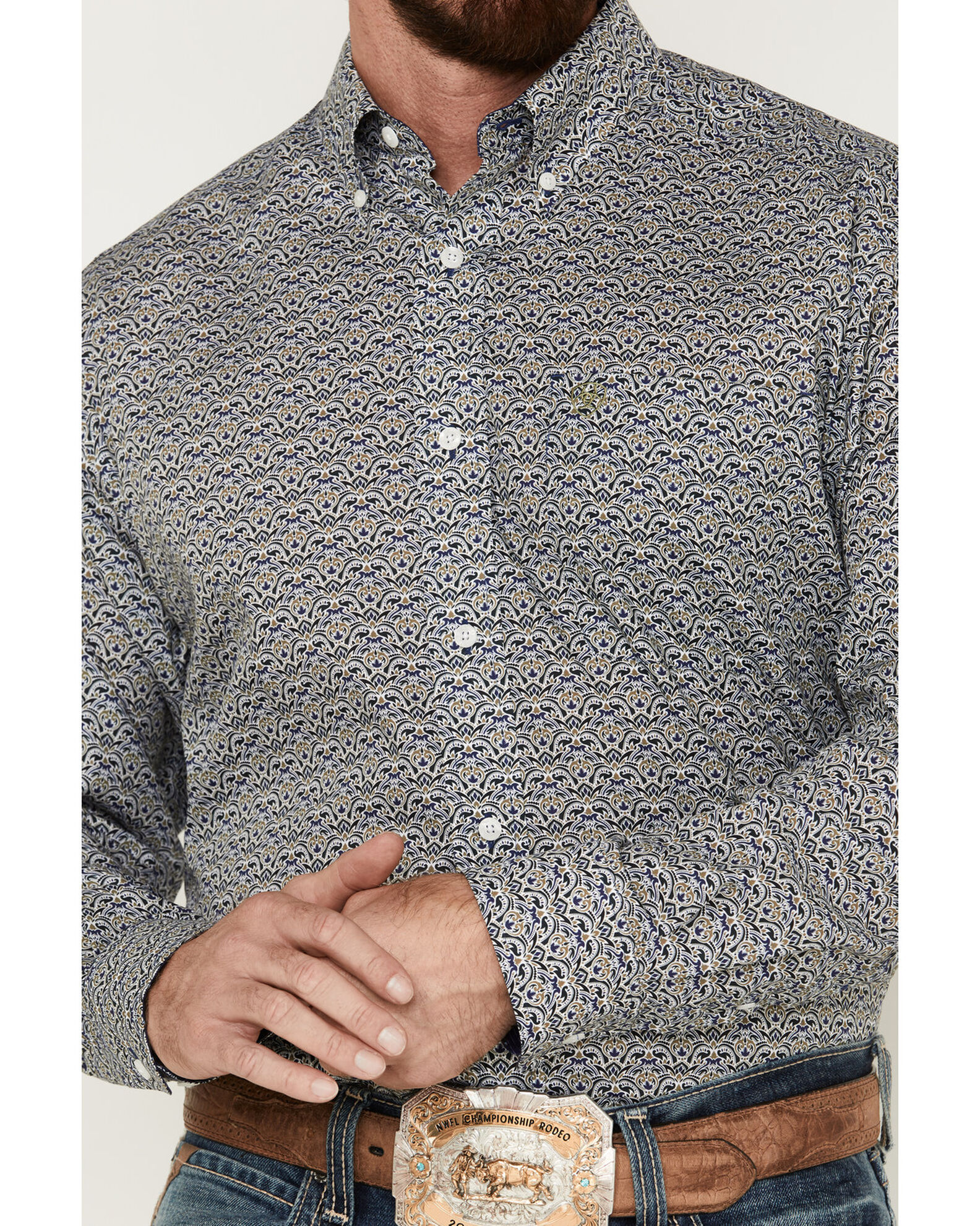 Image #3 - Ariat Men's Iver Floral Print Wrinkle Free Long Sleeve Button Down Shirt, Green, hi-res