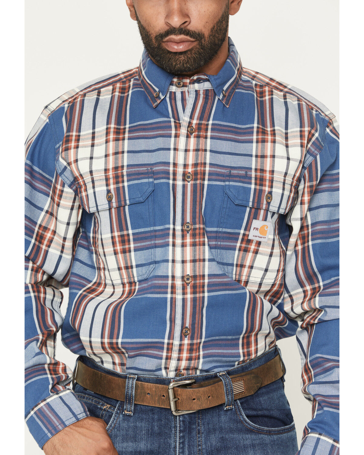 Image #3 - Carhartt Men's FR Force® Loose Fit Twill Plaid Print Long Sleeve Button-Down Work Shirt, Dark Blue, hi-res