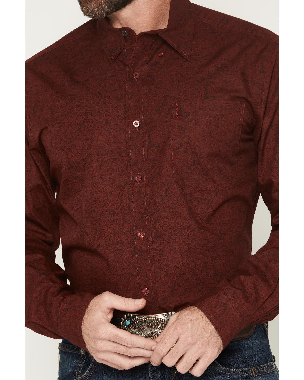 Image #3 - Cinch Men's Modern Fit Paisley Print Long Sleeve Button-Down Western Shirt, Burgundy, hi-res