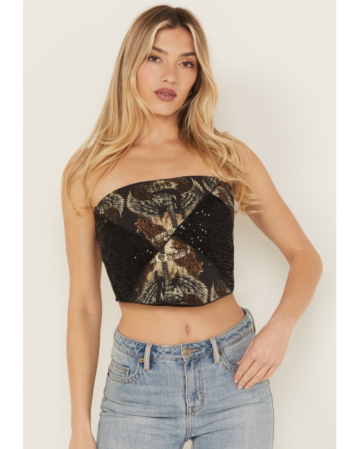 Originality Women's Sequin Strapless Graphic Bandana Top, Black, hi-res