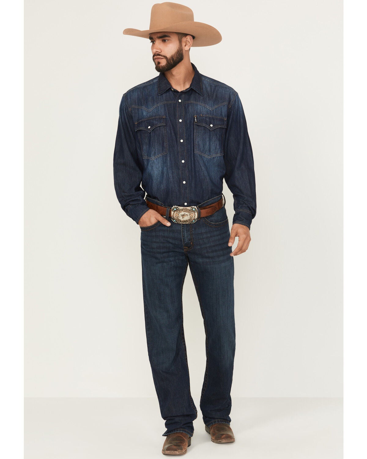 Cinch Men's Grant Dark Wash Relaxed Bootcut Stretch Denim Jeans, Indigo, hi-res