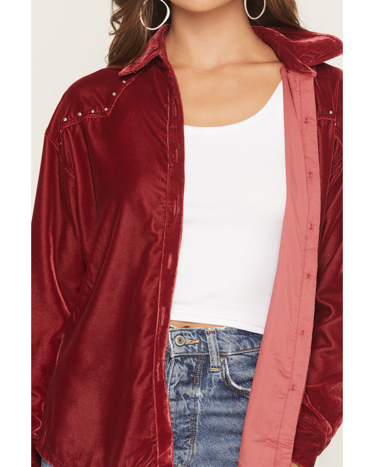 Image #3 - Rock & Roll Denim Women's Boot Barn Exclusive Oversized Velvet Long Sleeve Concho Button-Down Shirt, Burgundy, hi-res