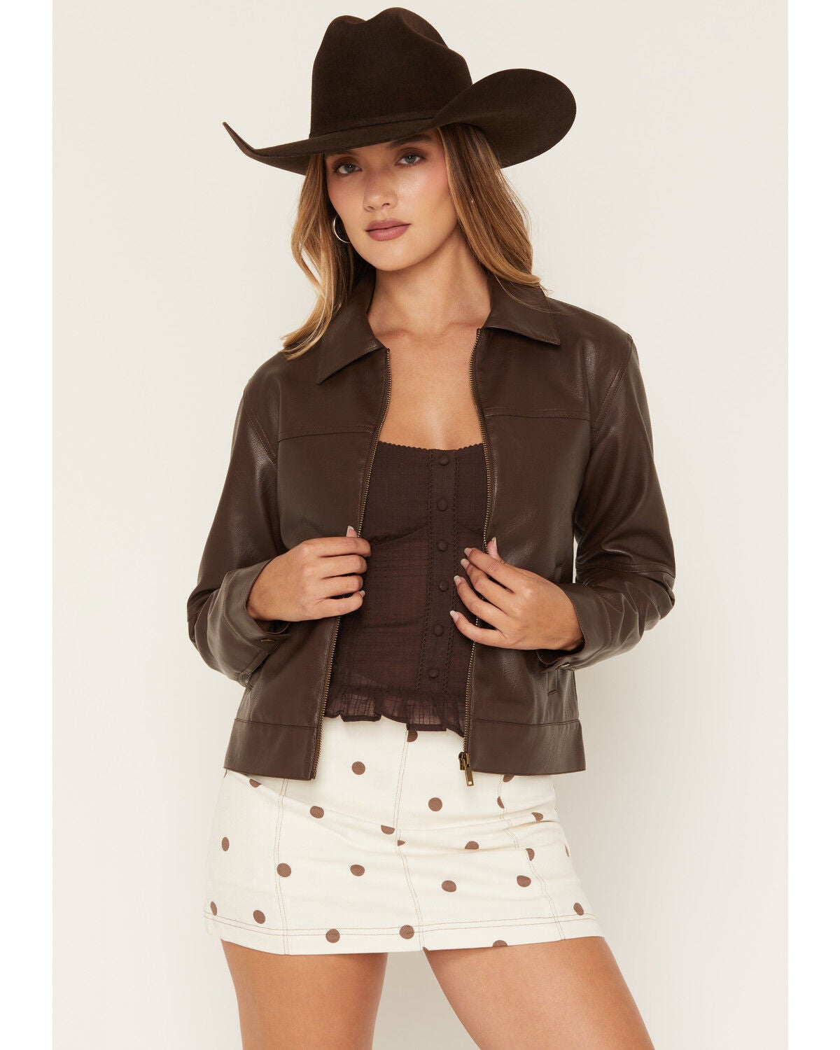 Image #2 - Stoosh Women's Faux Leather Zip Front Jacket, Brown, hi-res