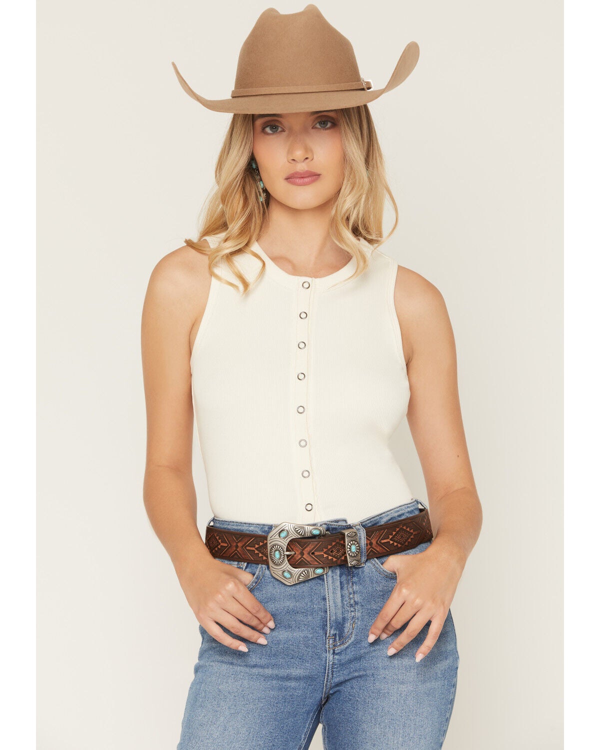 Image #1 - Shyanne Women's Stone Buckle Southwestern Print Embossed Belt, Dark Brown, hi-res