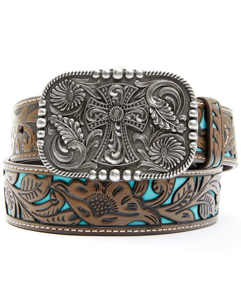 Shyanne Women's Brown & Turquoise Tooled Cross Leather Belt, Chocolate/turquoise, hi-res
