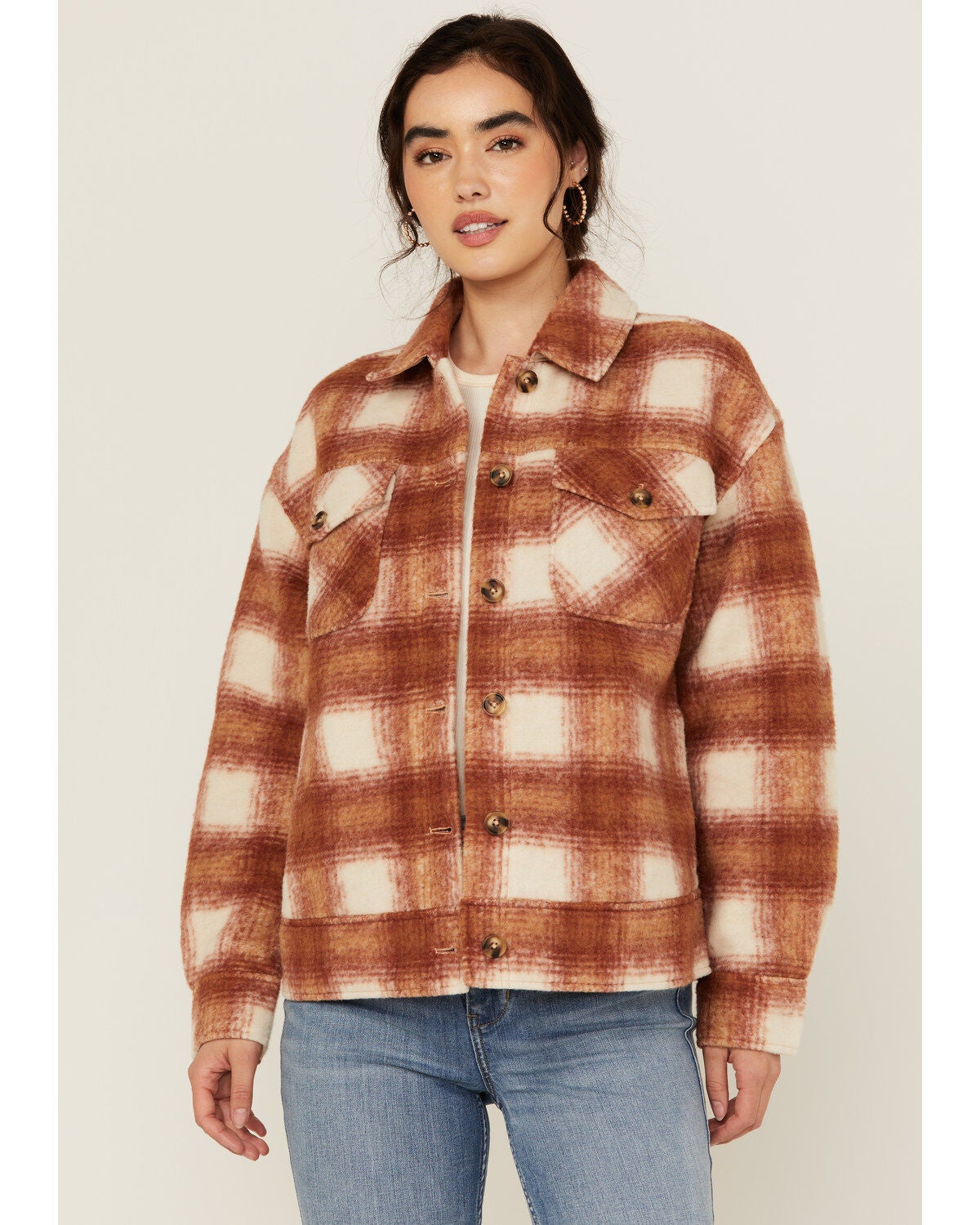 Cleo + Wolf Women's Cole Plaid Print Shacket, Brandy Brown, hi-res