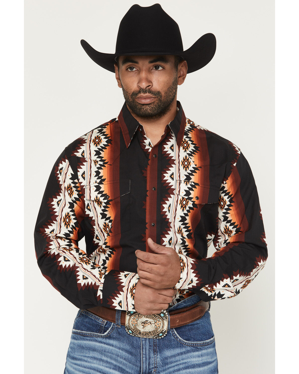 Image #1 - Wrangler Men's Checotah Southwestern Print Long Sleeve Snap Western Shirt, Black, hi-res