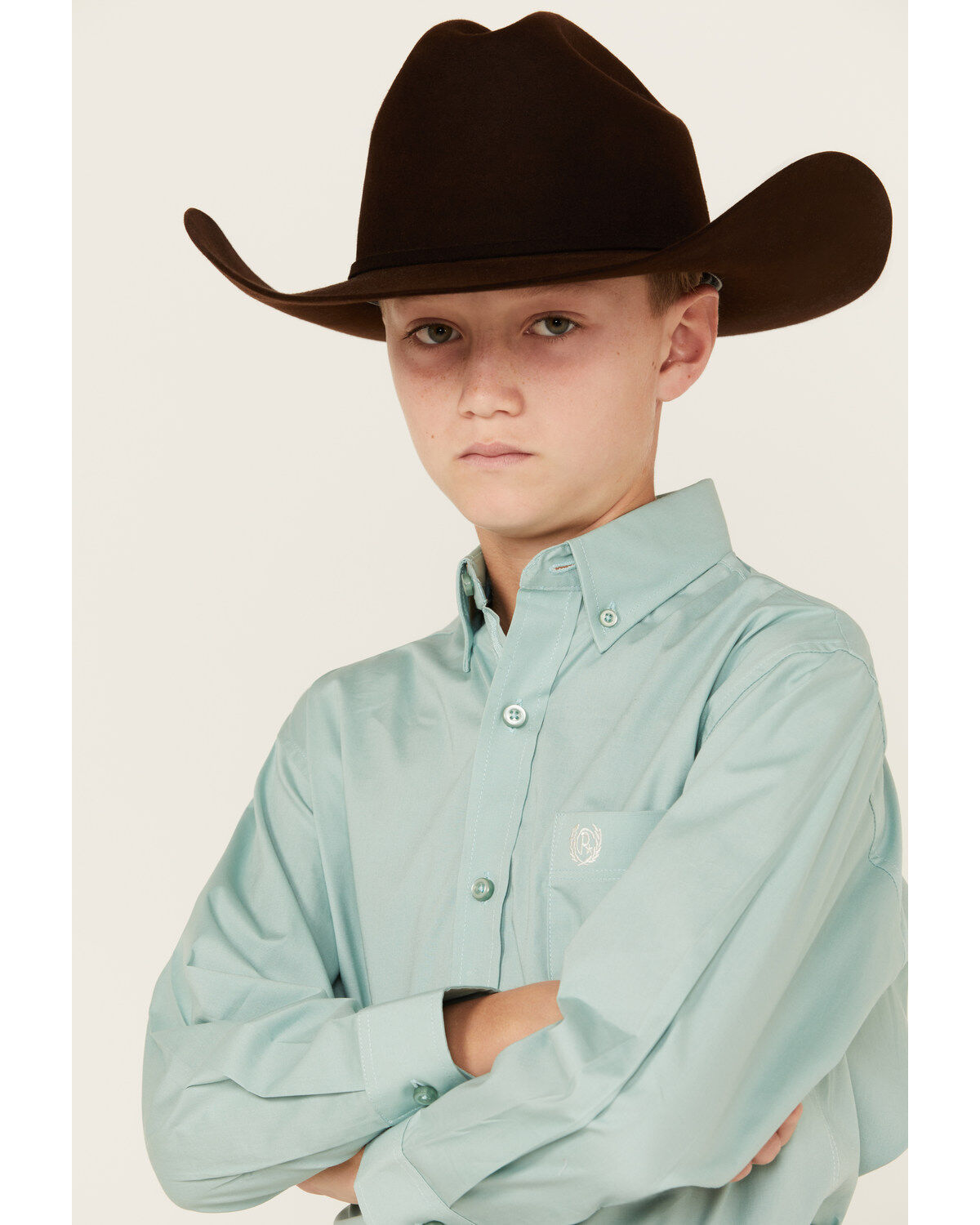 Image #2 - Panhandle Boys' Solid Poplin Long Sleeve Button-Down Western Shirt, Aqua, hi-res