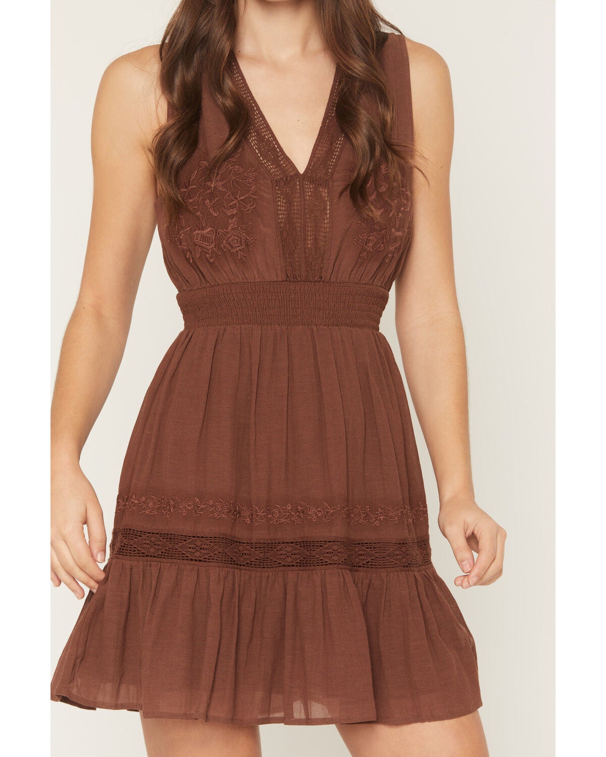 Image #5 - Shyanne Women's Embroidered Smocked Waist Mini Dress, Chocolate, hi-res