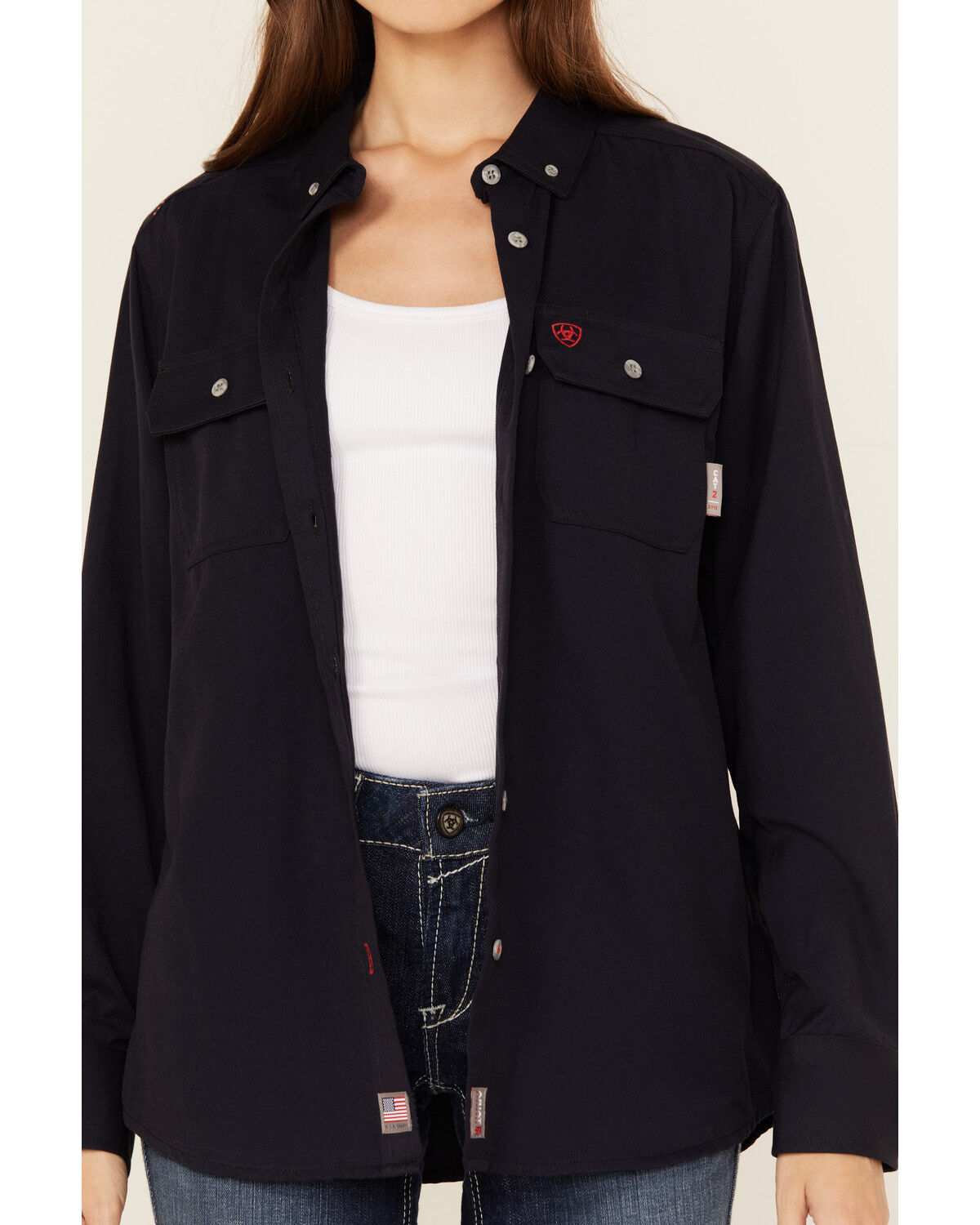 Image #3 - Ariat Women's FR Inherent Long Sleeve Button-Down Work Shirt, Navy, hi-res