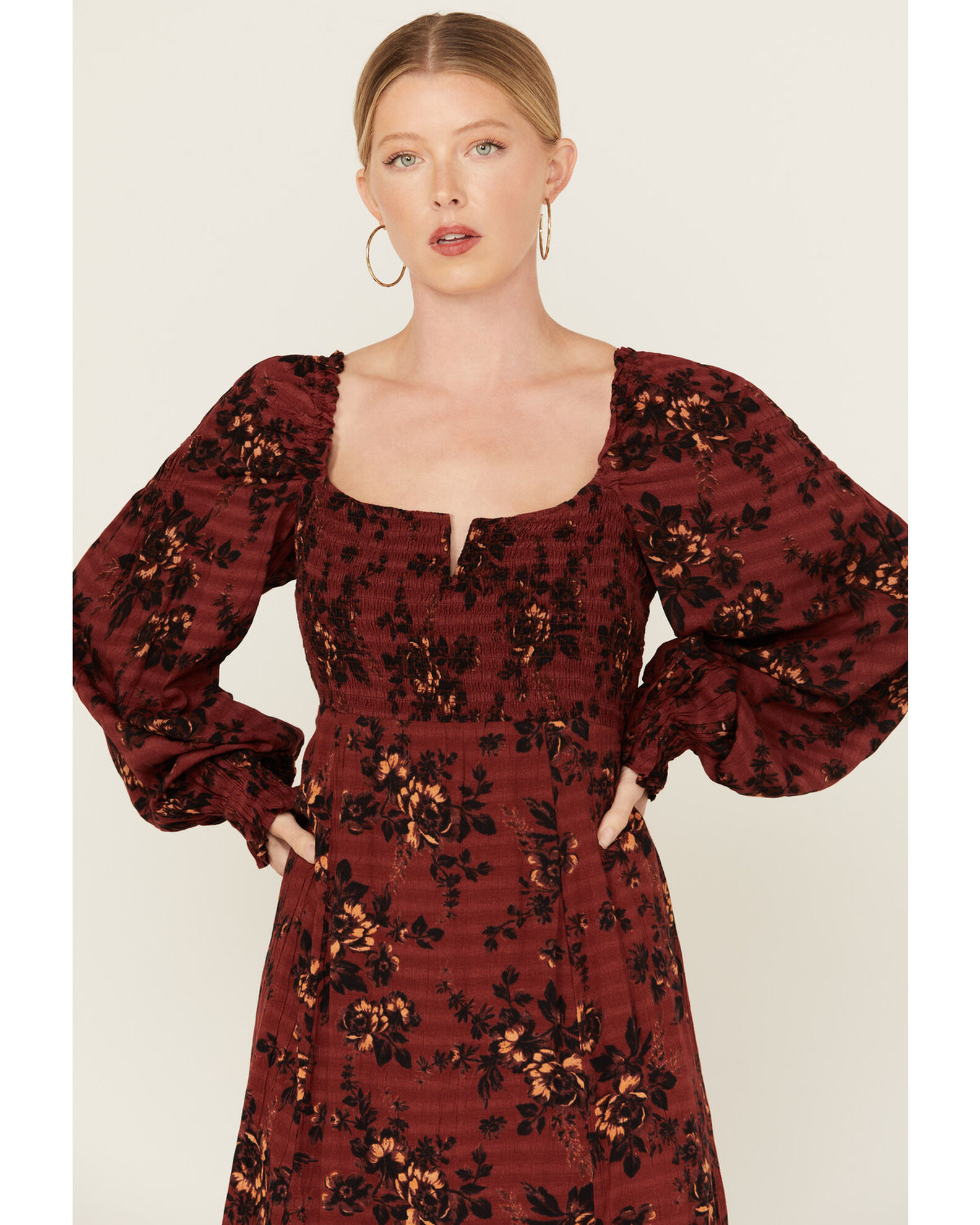 Free People Women s Jaymes Floral Print Midi Long Sleeve Dress