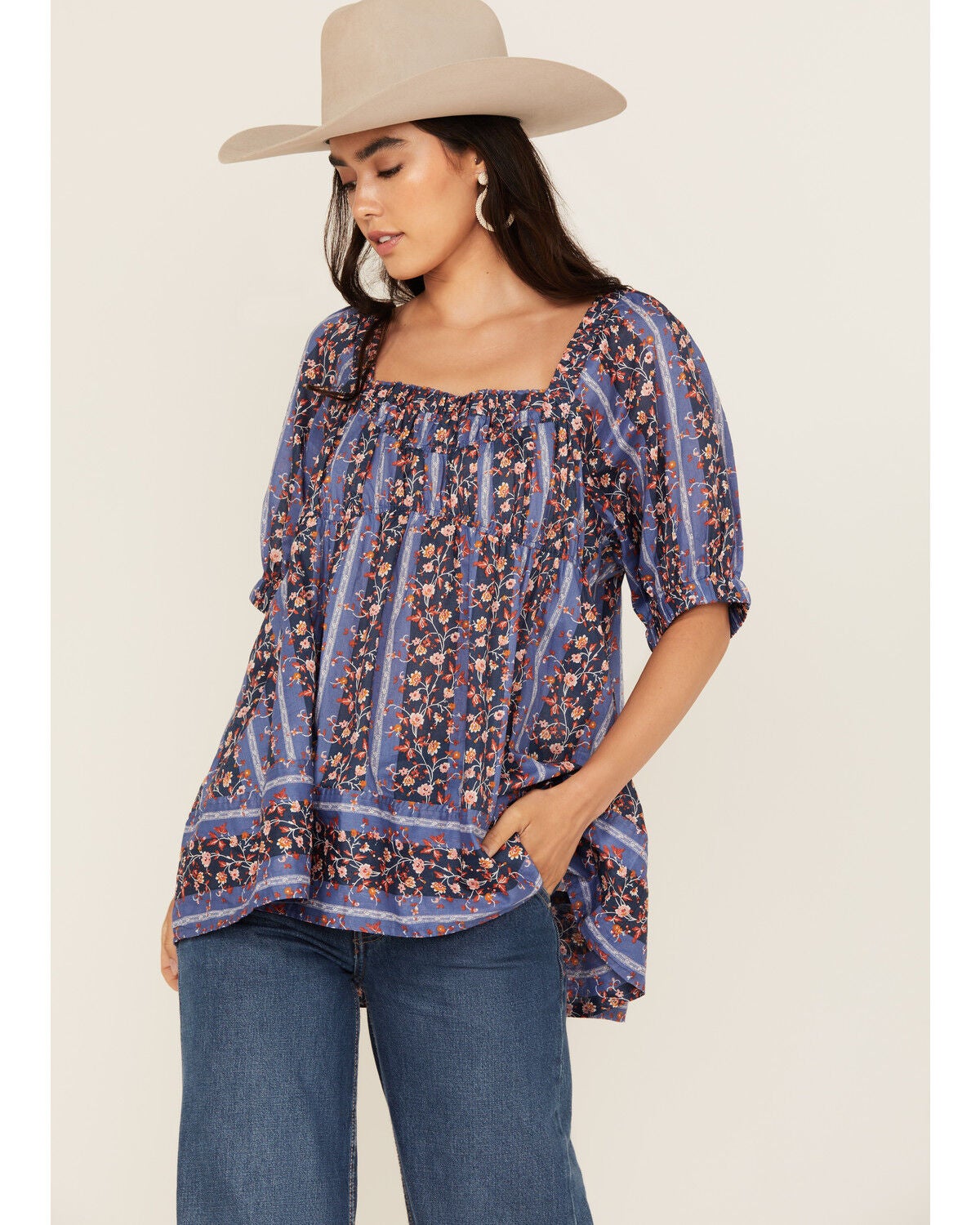 Free People Women's Vintage Lover Floral Print Short Sleeve Blouse, Blue, hi-res